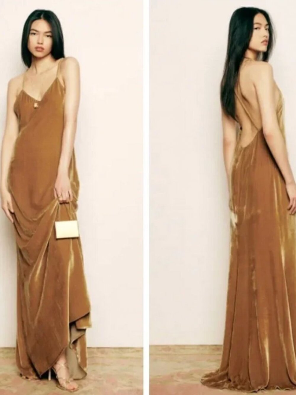 Reformation "Rimini" Velvet Gold Dress - Size L